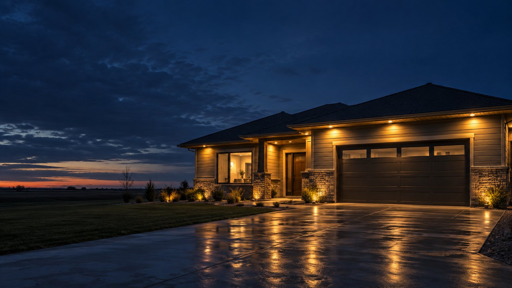 Illustrative prairie home illuminated at blue hour